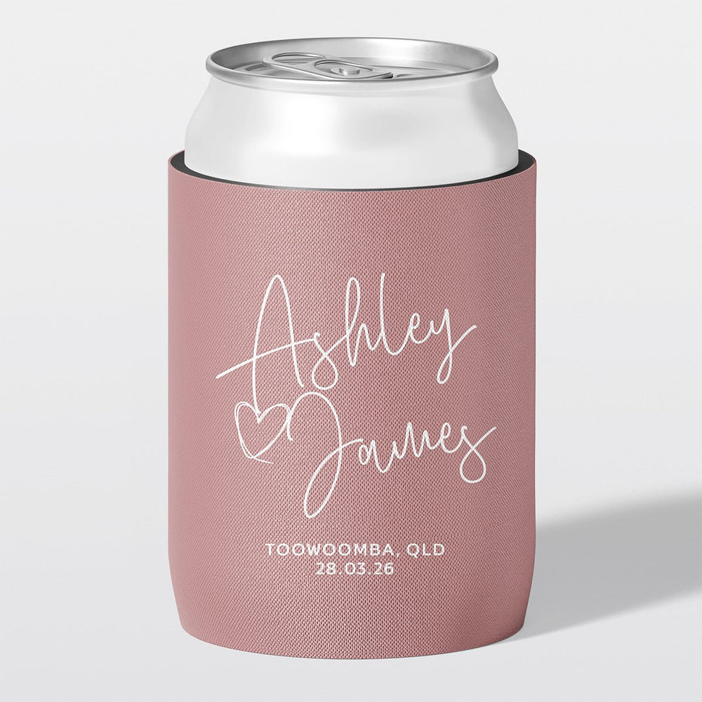 Personalised wedding stubby holder, The Sweetheart design, The Cheers Co Australia, Rustic & Boho, Coastal & Relaxed, dusty