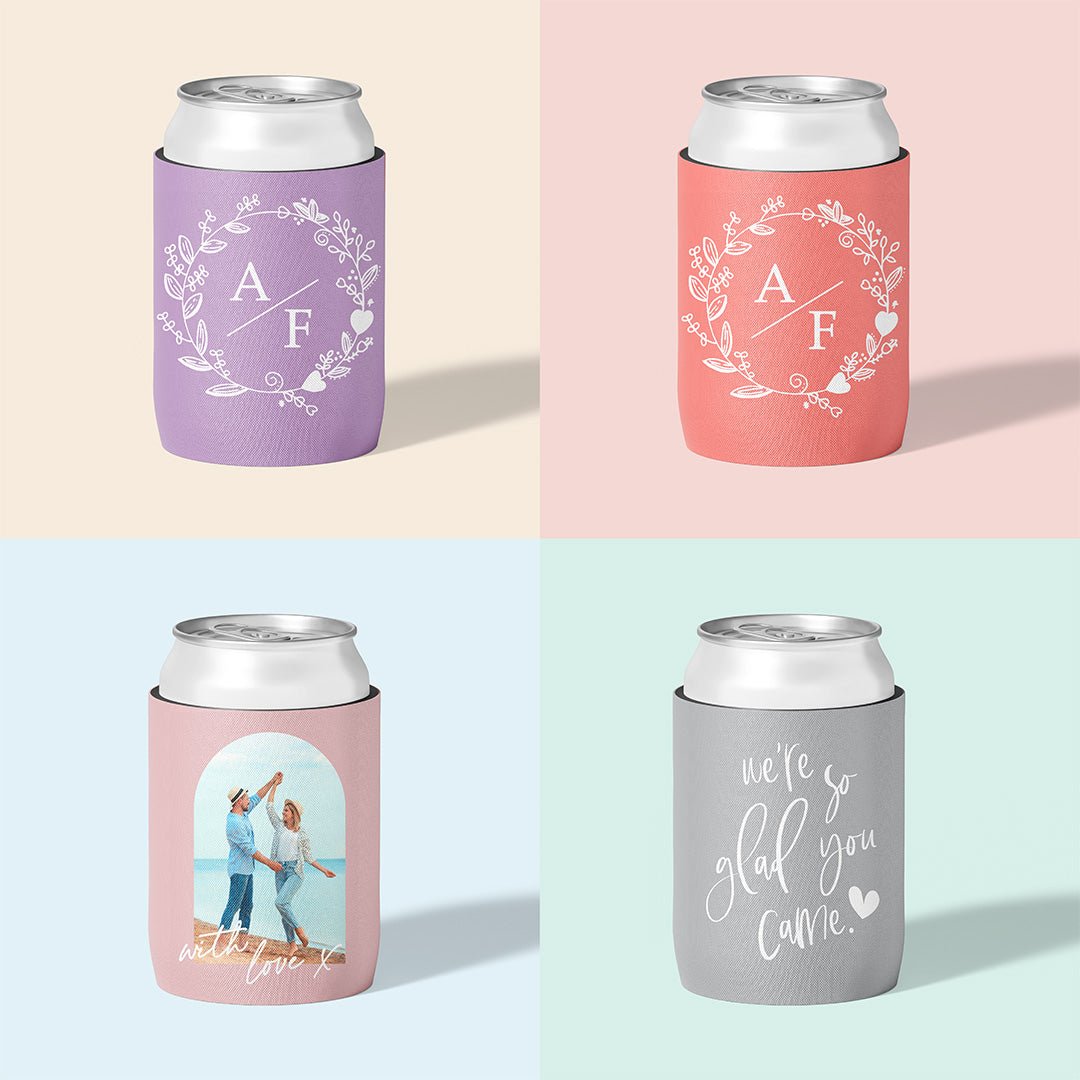 Personalised wedding stubby holder, The Wreath design, multiple colours, The Cheers Co Australia, Garden, Floral, Romance