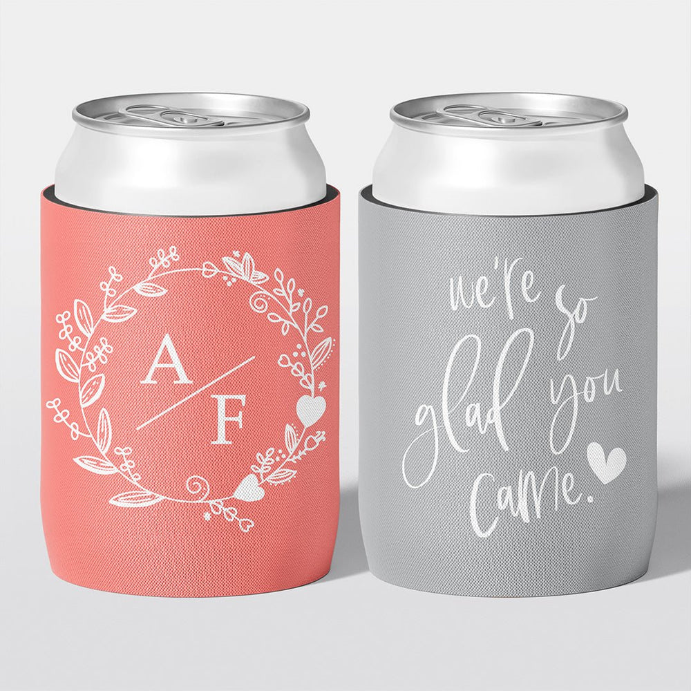 Personalised wedding stubby holder, The Wreath design, multiple colours, The Cheers Co Australia, Garden, Floral, Romance